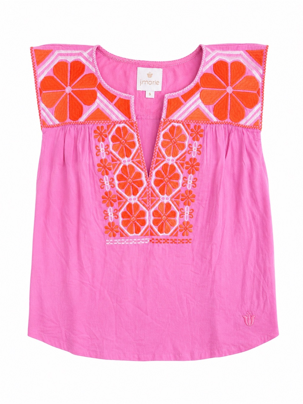 J. Marie Ember Floral Embroidered Pink Orange Cotton Boho Sleeveless Top S